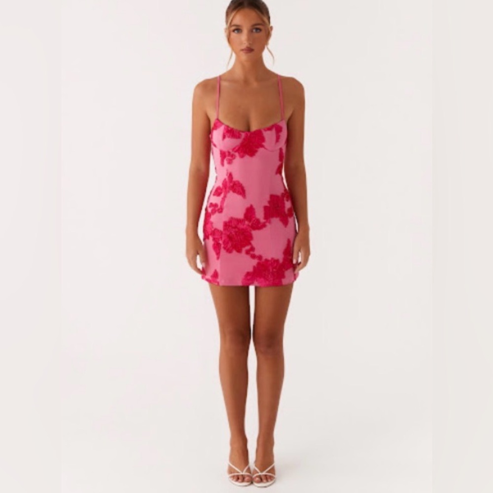 Peppermayo Pink Mini Slip Dress with Raspberry Floral Appliqué